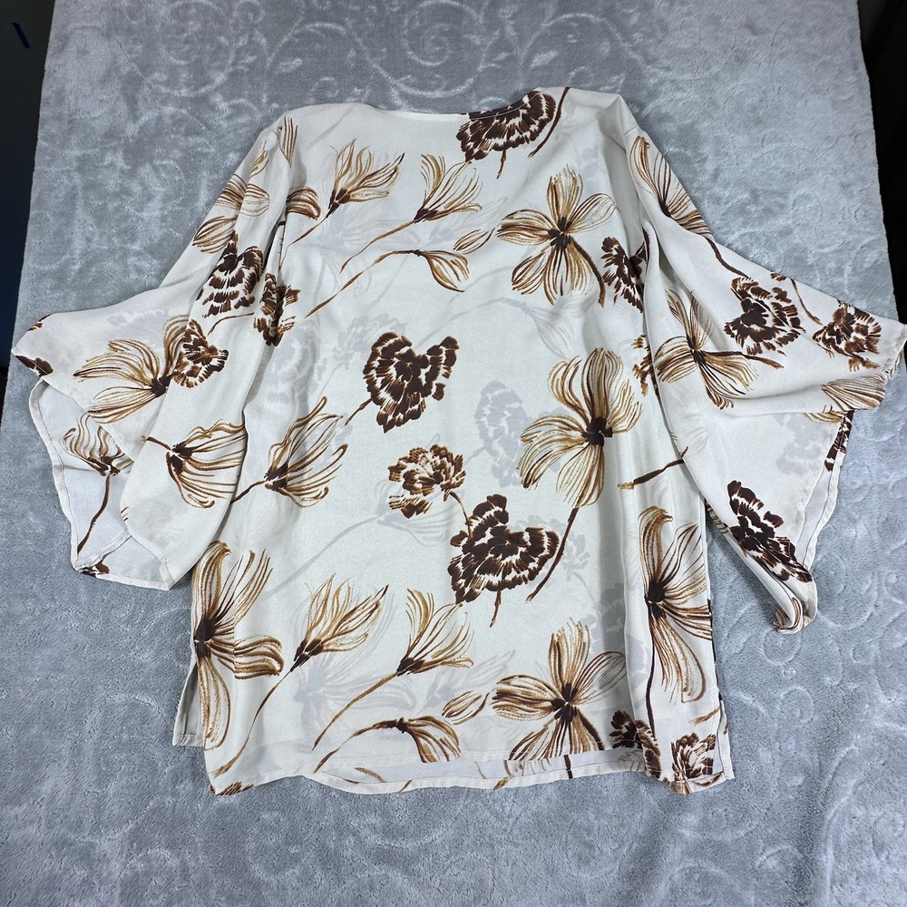 Belle Kim Gravel Top Small Floral Bell Sleeve Blouse Lined Chiffon V-neck Boho - Picture 2 of 11